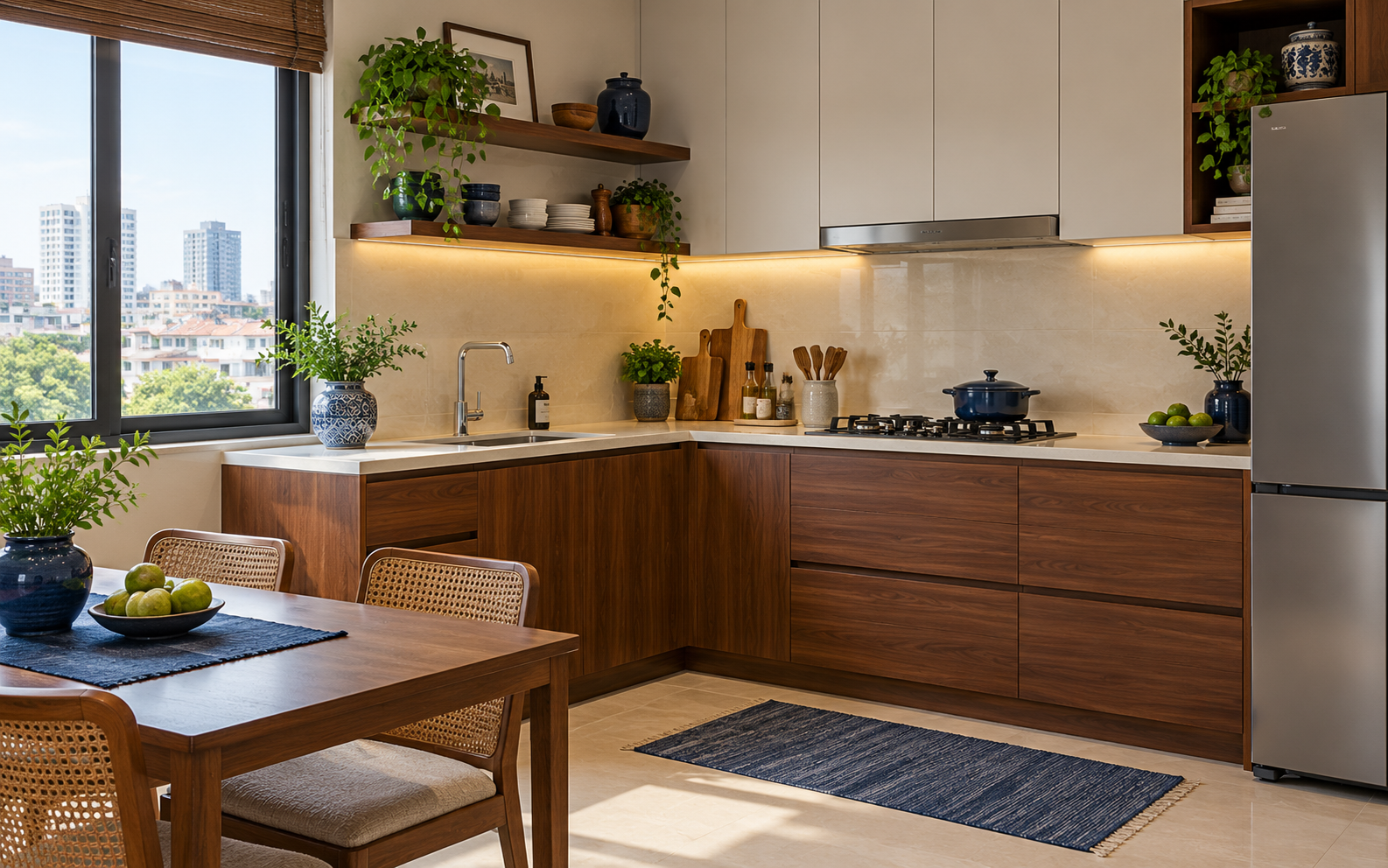 Kitchen design inspiration with walnut cabinets, task lighting and clear counter space